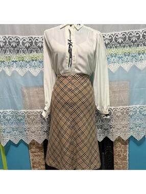 Tartan Plaid A-Line Midi Skirt Beige Brown High Waist Women’s S
